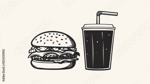 Black and white illustration of burger and soda cup. Simple food graphic for use in cafe or restaurant menus photo
