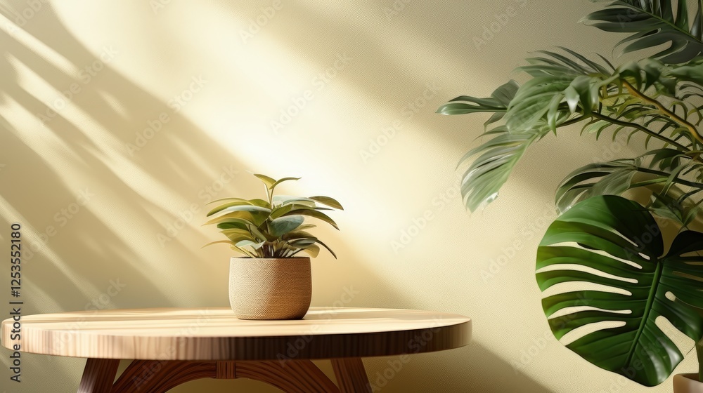 Elegant Wooden Round Side Table with Potted Plant Against Soft Yellow Wall and Natural Light Enhancing Calm Atmosphere Elegant Wooden Round Side Table with Potted Plant Against Soft Yellow Wall and Natural Light Enhancing Calm Atmosphere