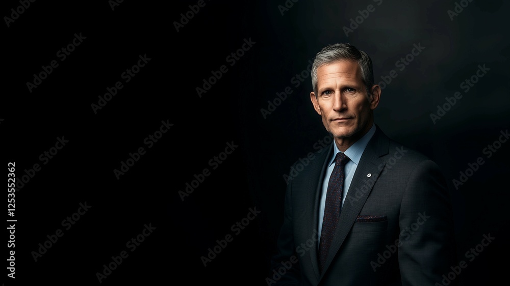 Confident businessman in suit,CEO,standing against dark background,portrait,copy space,banner. Confident businessman in suit,CEO,standing against dark background,portrait,copy space,banner.