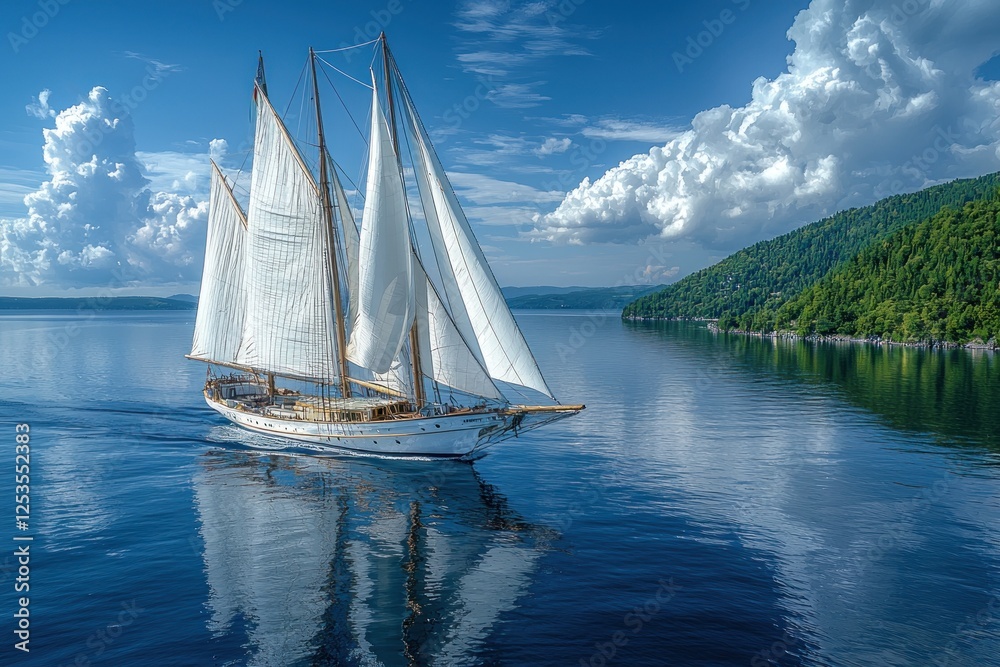 Fototapeta premium Classic sailboat sailing on calm blue water by green coast under cloudy sky