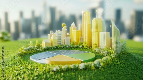 Cityscape model on a grassy pie chart, depicting sustainable urban development, colorful buildings, vibrant green grass, and a pie chart in the middle
