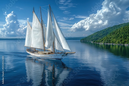 Classic sailboat sailing on calm blue water by green coast under cloudy sky