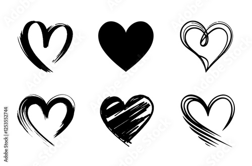 Silhouette black love heart icons collection. Handrawn different types of Valentine’s Day hearts for t-shirts, icons, posters, mugs, and stickers