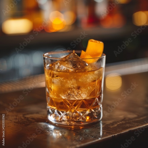 A glass of whiskey on the bar counter. photo