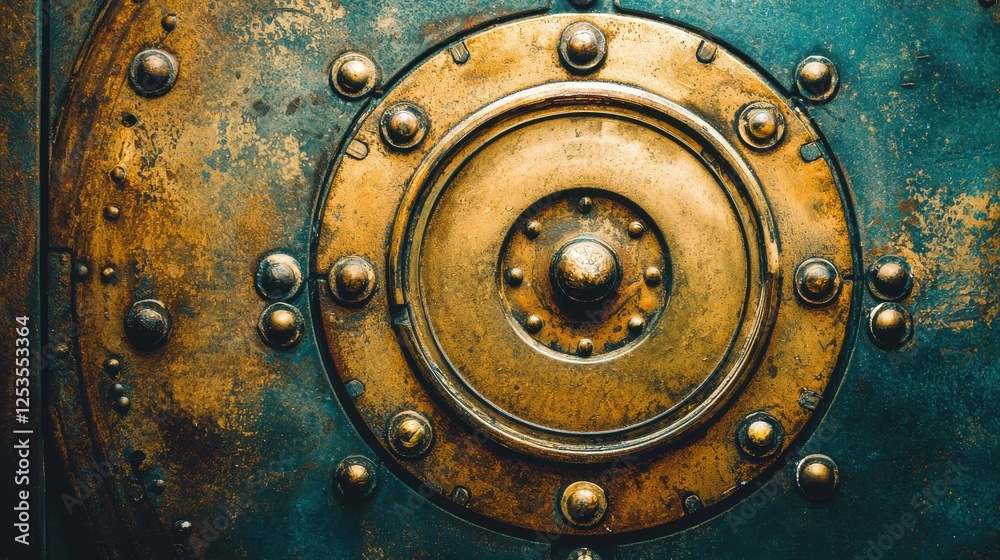 Fototapeta premium Exploring ancient metalwork close-up view of a vintage shield museum exhibition historical context