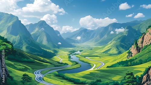 Scenic Green Valley with Winding Road & Majestic Mountains photo