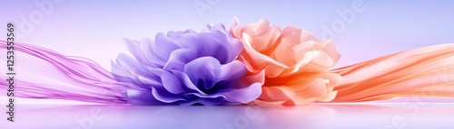 A serene close-up of elegant purple and orange flowers with soft, flowing petals against a gentle gradient background.