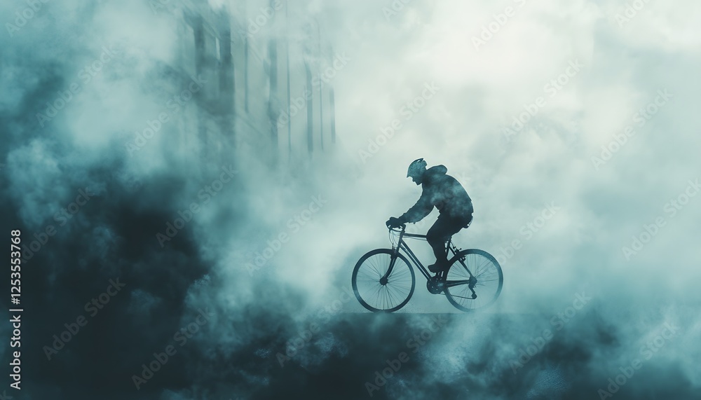Naklejka premium Cyclist Riding Through Foggy Urban Environment at Dusk Particulate Matter Concept