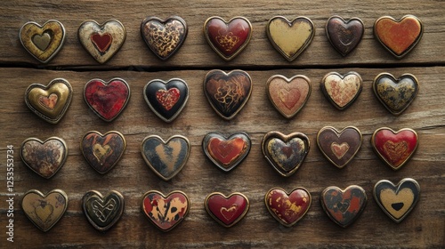 Vintage Heart Buttons Arrangement On Rustic Wood