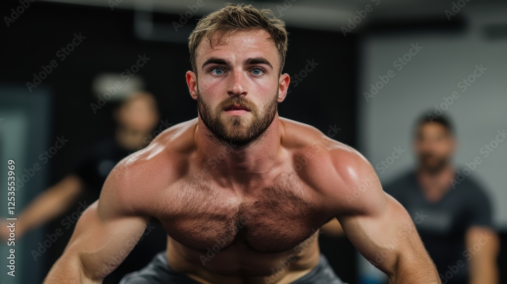 A focused man exercises intensely in a gym, showcasing his muscular physique and determination. A focused man exercises intensely in a gym, showcasing his muscular physique and determination.