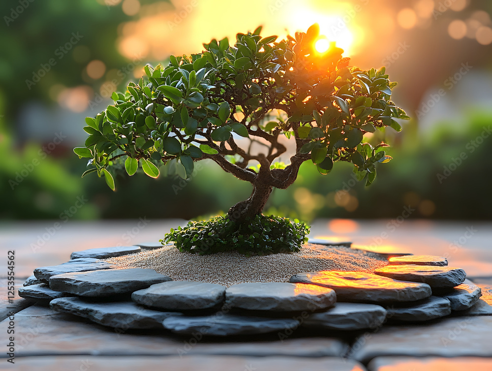 Tranquil Zen Garden With Smooth Raked Sand and a Sunlit Bonsai Tree Tranquil Zen Garden With Smooth Raked Sand and a Sunlit Bonsai Tree
