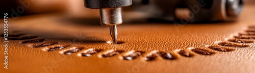 Close-up of a leather sewing machine creating a detailed stitch pattern on tan leather, showcasing craftsmanship and precision.