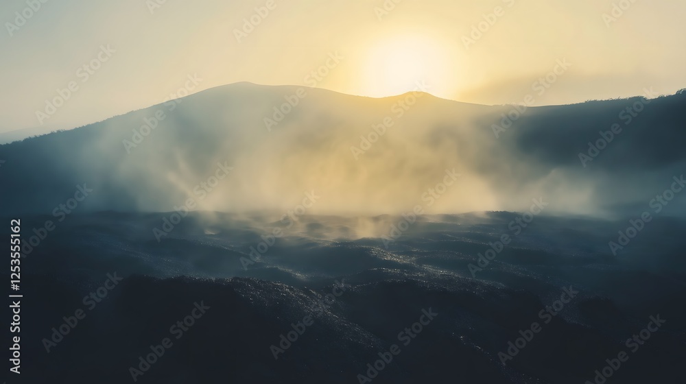 Misty mountain range at sunrise with golden sunlight and hazy atmosphere Misty mountain range at sunrise with golden sunlight and hazy atmosphere