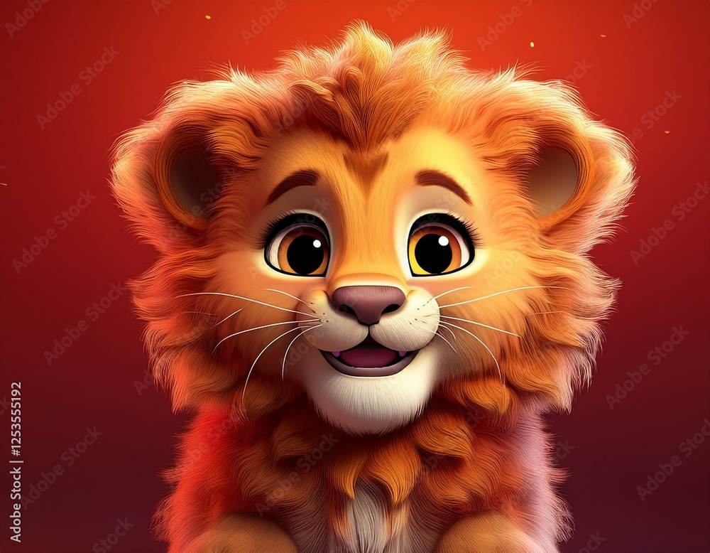 Obraz premium Niedliches Löwenbaby, roter Hintergrund