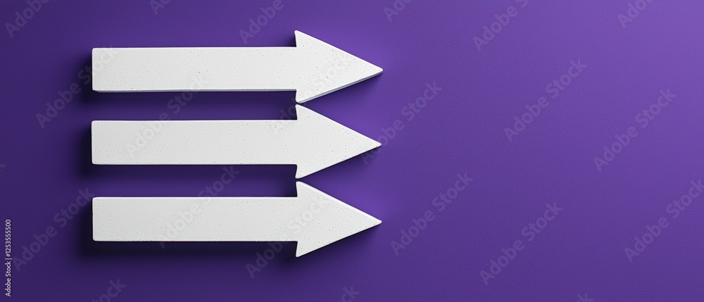 White Concrete Sign with Three Arrows Pointing in Different Directions on a Purple Background White Concrete Sign with Three Arrows Pointing in Different Directions on a Purple Background