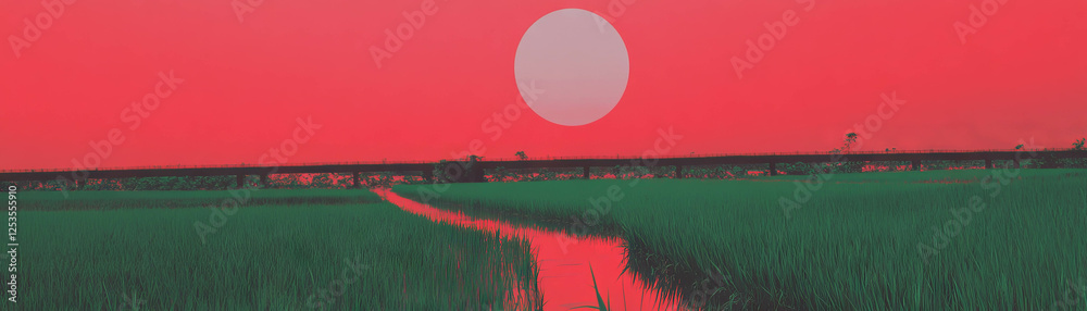 Vibrant rice field with a small bridge and bright red backdrop at sunset Vibrant rice field with a small bridge and bright red backdrop at sunset