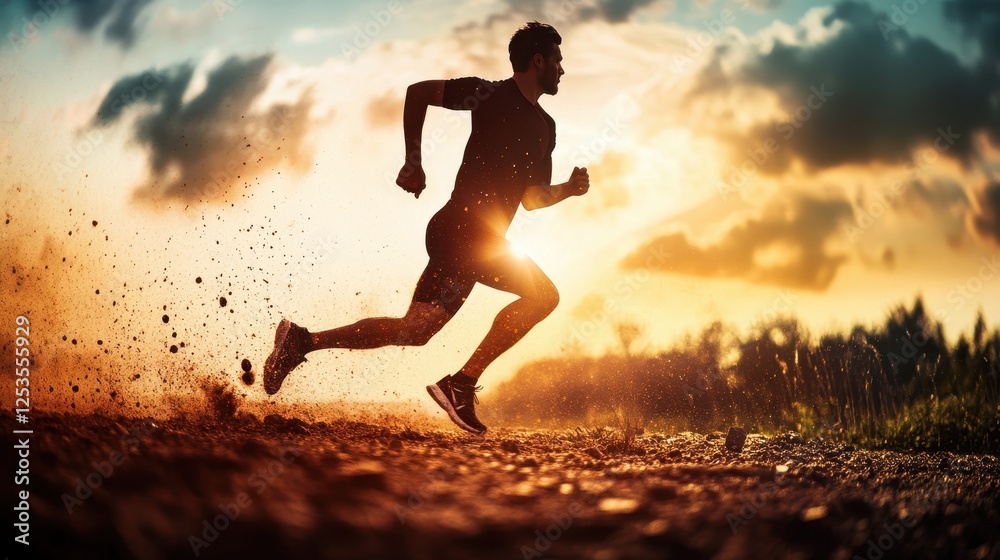 A silhouette of a runner in motion against a sunset backdrop, capturing the essence of speed and determination. A silhouette of a runner in motion against a sunset backdrop, capturing the essence of speed and determination.