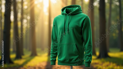 Men's Hoodie Mockup, Forest background tall trees men's green hoodie on stand.