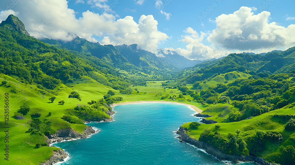 Obraz premium Lush green hills surround a tranquil turquoise bay on a sunny tropical island.