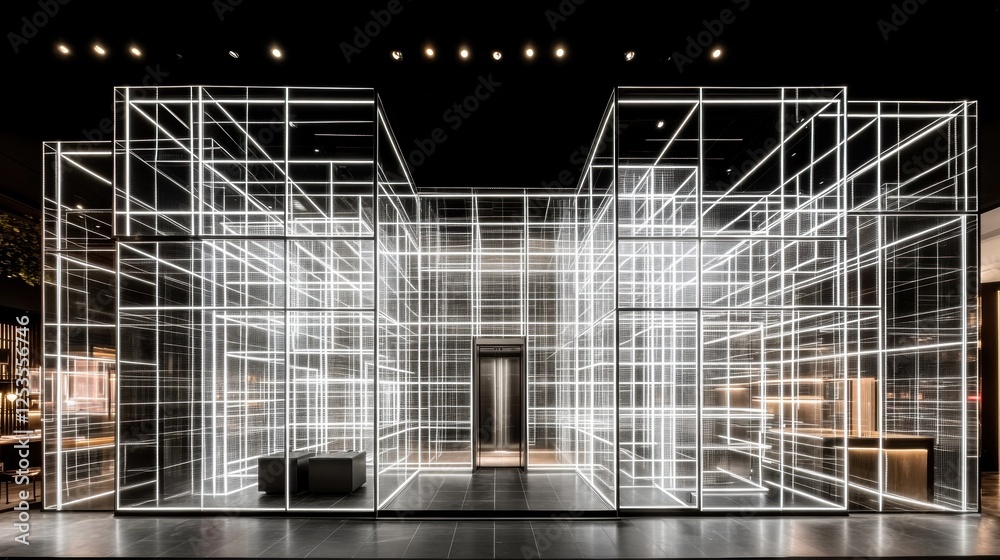 Futuristic Transparent Geometric Structure with Illuminated Design Elements at Night Futuristic Transparent Geometric Structure with Illuminated Design Elements at Night