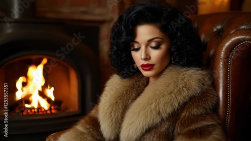 Elegant woman in fur coat relaxing by the fireplace in a cozy setting during a winter evening