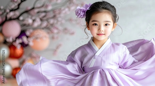 Traditional Hanbok Fashion for Kids by children in hanbok celebrating festive occasions displaying a young girl gracefully spinning in a flowing lavender hanbok.
