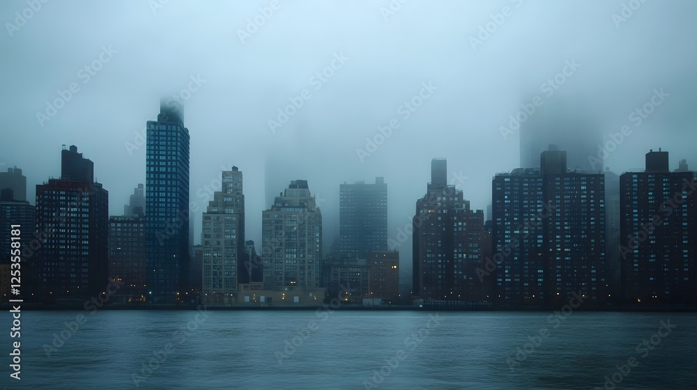 Misty Cityscape at Dusk with Building Silhouettes in Fog Particulate Matter Concept Misty Cityscape at Dusk with Building Silhouettes in Fog Particulate Matter Concept
