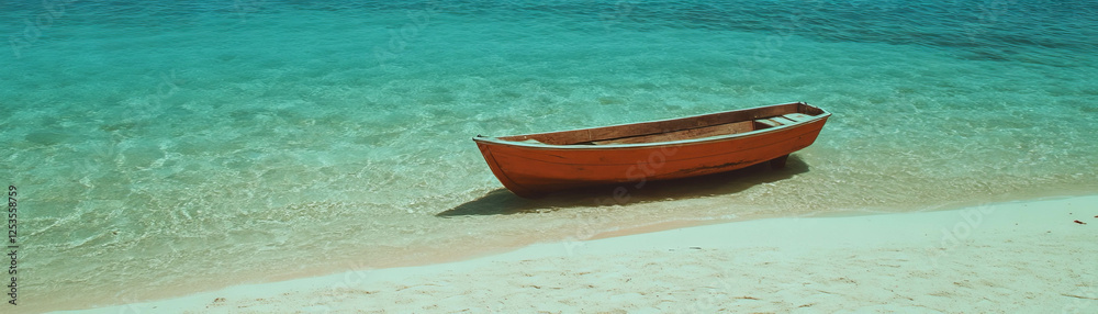 Small wooden boat rests on white sand beach beside clear turquoise water at sunny location Small wooden boat rests on white sand beach beside clear turquoise water at sunny location
