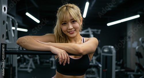 Energetic Young Asian Woman with Blonde Hair Smiling in the Gym – Fitness and Healthy Lifestyle