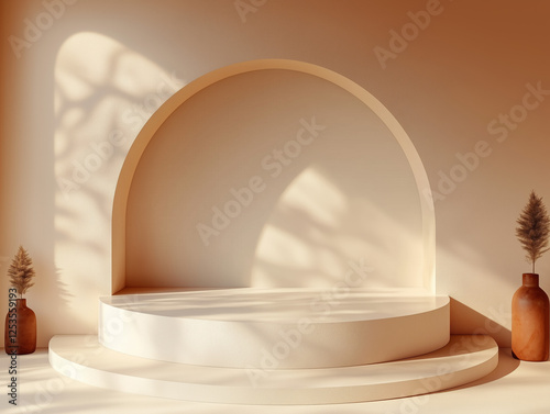 Abstract beige podium with an arch and natural shadows for product presentation, mock-up, template, 3D render illustration, minimalistic background, soft light