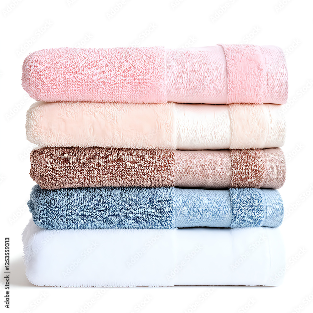 Soft, folded towels in pastel colors stacked neatly on white background Soft, folded towels in pastel colors stacked neatly on white background