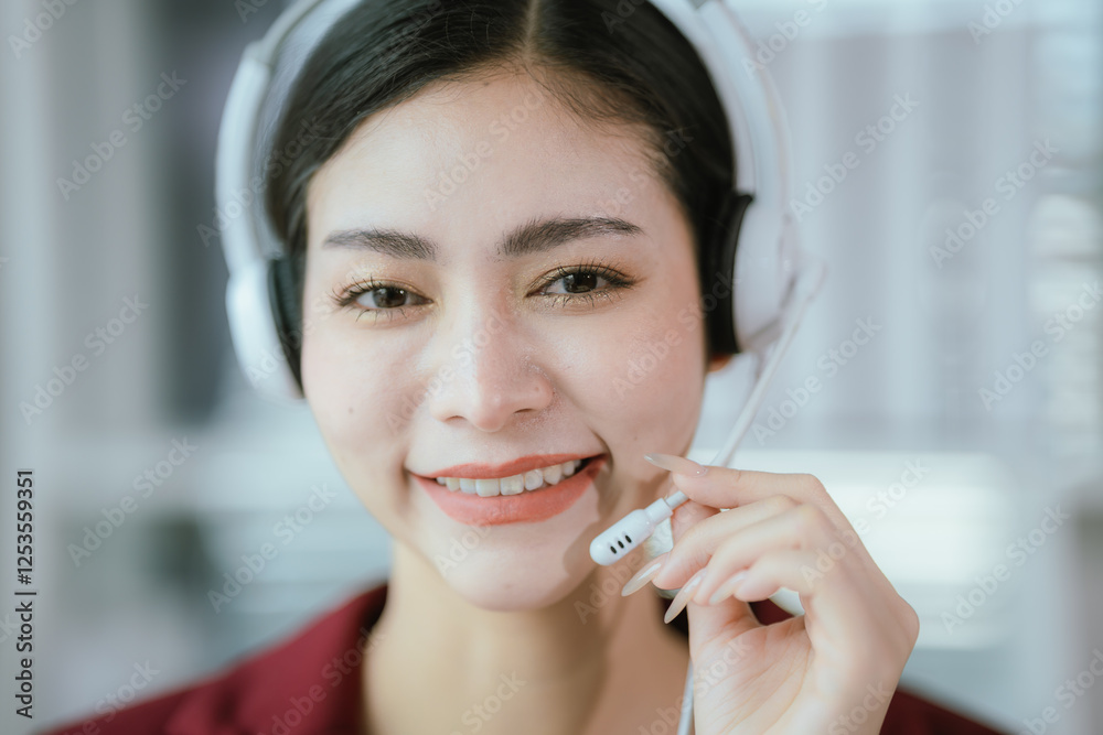 Happy freelancer wearing headset while working on laptop at office. Happy freelancer wearing headset while working on laptop at office.