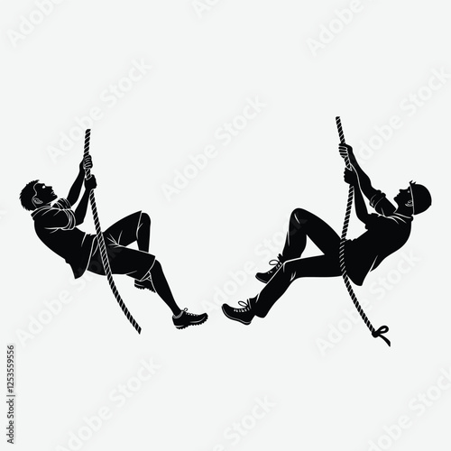 Climber hanging on a rope silhouette image vector art and illustration
