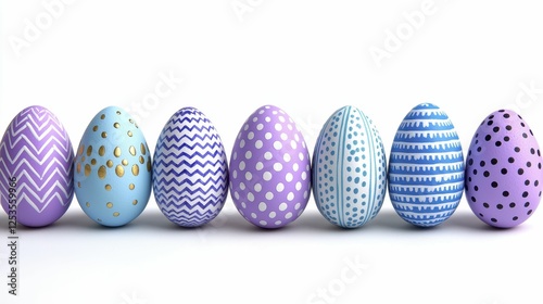 Row Of Decorated Easter Eggs On White Background