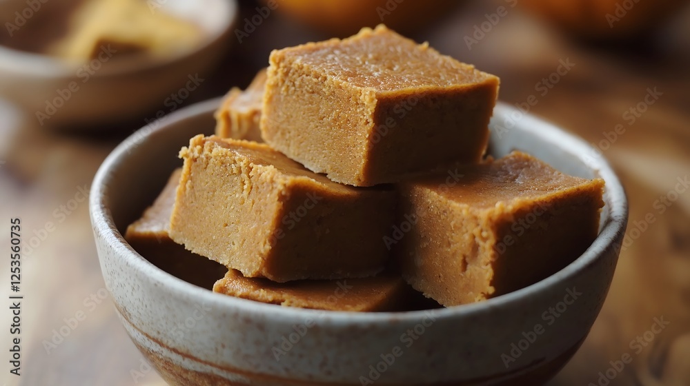 Creamy Homemade Peanut Butter Fudge Squares in Rustic Bowl Close Up View Creamy Homemade Peanut Butter Fudge Squares in Rustic Bowl Close Up View