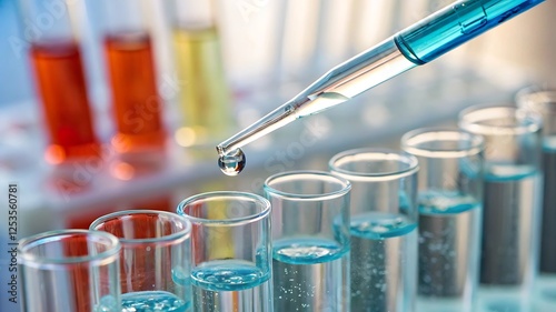 Close-up of a pipette releasing a droplet into transparent test tubes, creating a colorful scientific laboratory scene with a vibrant blurred background for research visuals.