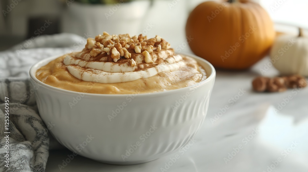 Pumpkin dessert bowl with cinnamon and walnuts on a marble countertop