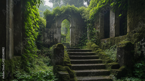ancient temple ruins covered in lush greenery