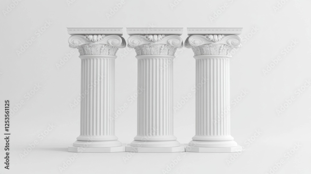 Three Ornate White Columns with Decorative Caps Standing Against a Clean Minimalist Background Three Ornate White Columns with Decorative Caps Standing Against a Clean Minimalist Background