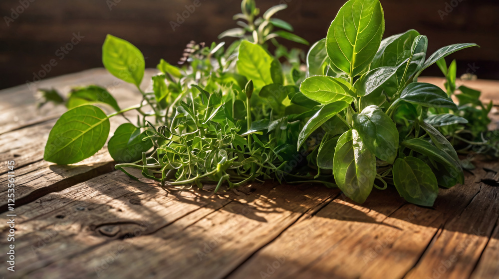 A bunch of fresh green herbs with various leaf shapes lies on a rustic wooden surface, illuminated by soft sunlight.