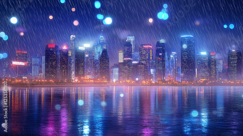 futuristic city skyline with neon lights, cyberpunk aesthetic, rain-soaked streets, atmospheric lighting