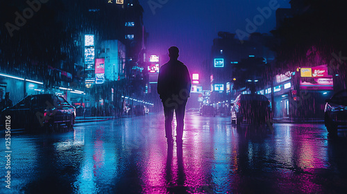 futuristic city skyline with neon lights, cyberpunk aesthetic, rain-soaked streets, atmospheric lighting
