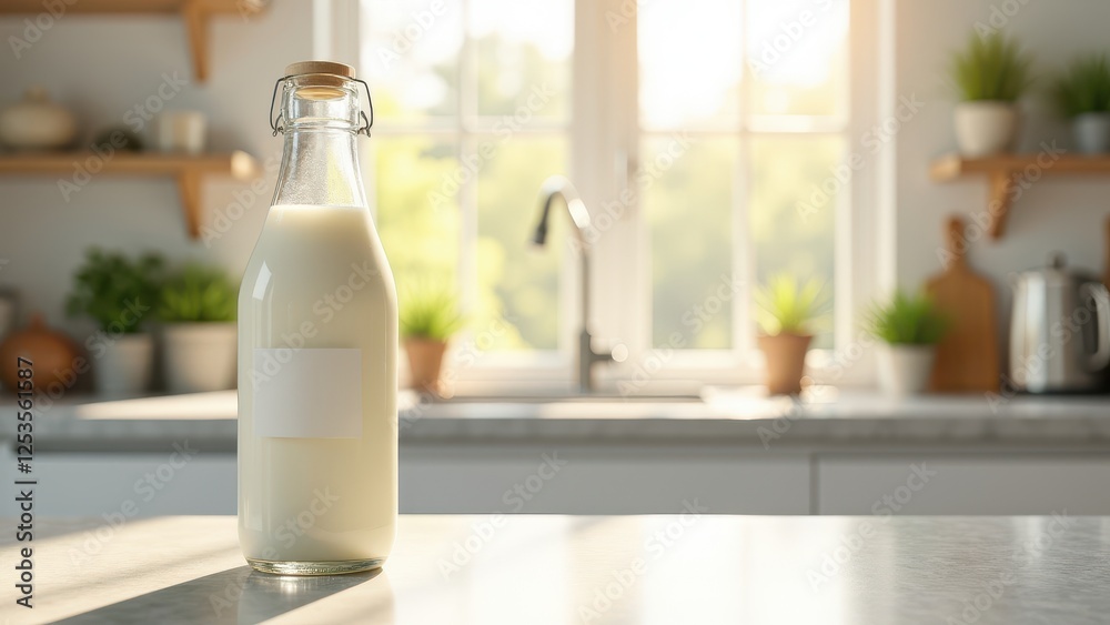 Milk Bottle Mockup, Kitchen with sunlight glass milk bottle on countertop white label photorealistic. Milk Bottle Mockup, Kitchen with sunlight glass milk bottle on countertop white label photorealistic.
