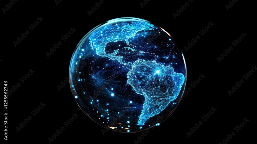Close-up of a holographic globe with glowing network connections, representing worldwide internet access, global trade, and digital transformation, futuristic technology concept on cityscape backgroun Close-up of a holographic globe with glowing network connections, representing worldwide internet access, global trade, and digital transformation, futuristic technology concept on cityscape backgroun