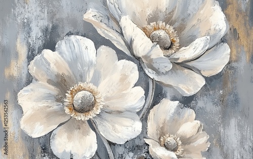 Serene white flowers in gray and beige shades with artistic brushstrokes for beautiful home decor and elegant interior design