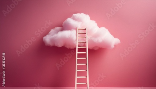 Step ladder leading to clouds . Growth, future, development concept. Minimal pink compostition. photo