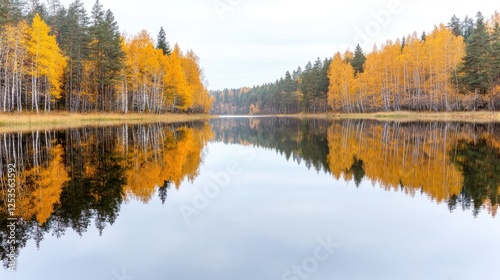 Autumn lake reflection, golden trees, calm water, misty sky, nature wallpaper