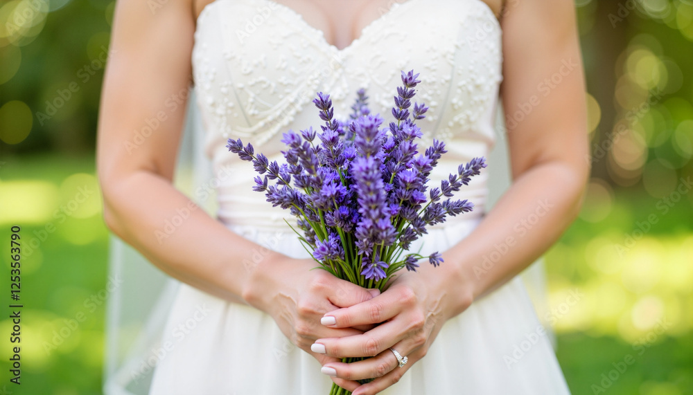 Elegant bride holding lavender bouquet in garden, love and celebration Elegant bride holding lavender bouquet in garden, love and celebration