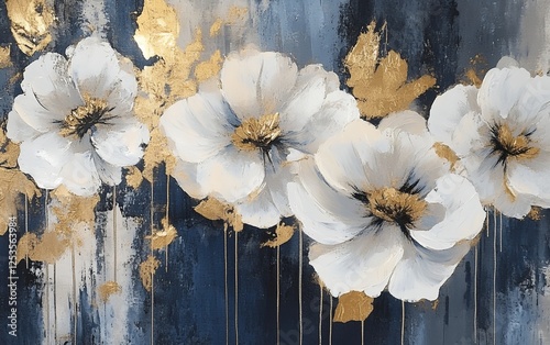 White and blue floral arrangement with gold detailing and elegant textured background for contemporary art and luxurious home design