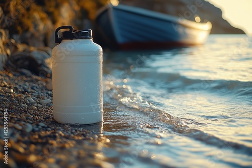 White Water Bottle on Pebbly Shore at Golden Hour, Beside a Boat